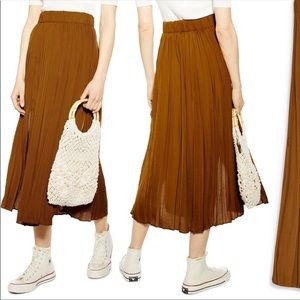 Topshop Double Slit Pleated Satin Midi Skirt Brown